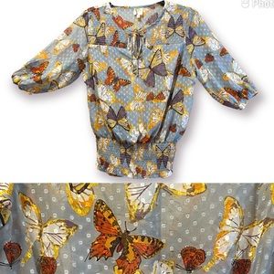 Anthro Fig & Flower Butterfly Swiss Dot Peasant Blouse